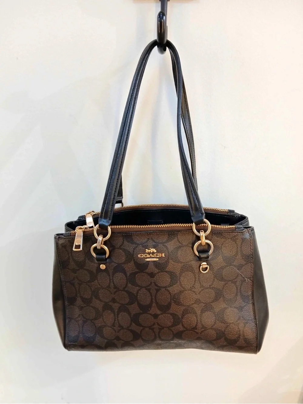 Coach Dark Brown Signature Shoulder Bag with Gold Hardware